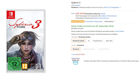 Syberia 3 : La version Switch datée par Amazon.de