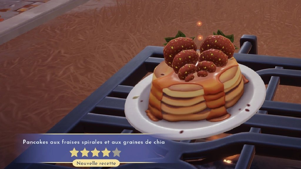 Pancakes aux fraises spirales et aux graines de chia Dreamlight Valley : comment préparer cette recette 4 étoiles ?