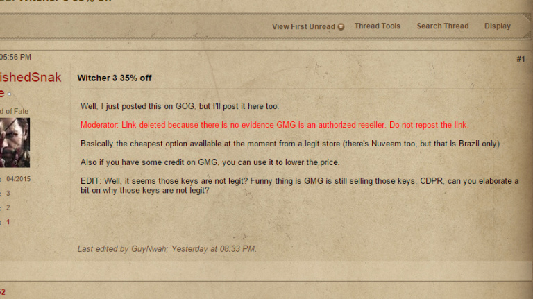 CD Projekt demande à ses fans de ne pas acheter The Witcher 3 sur GMG