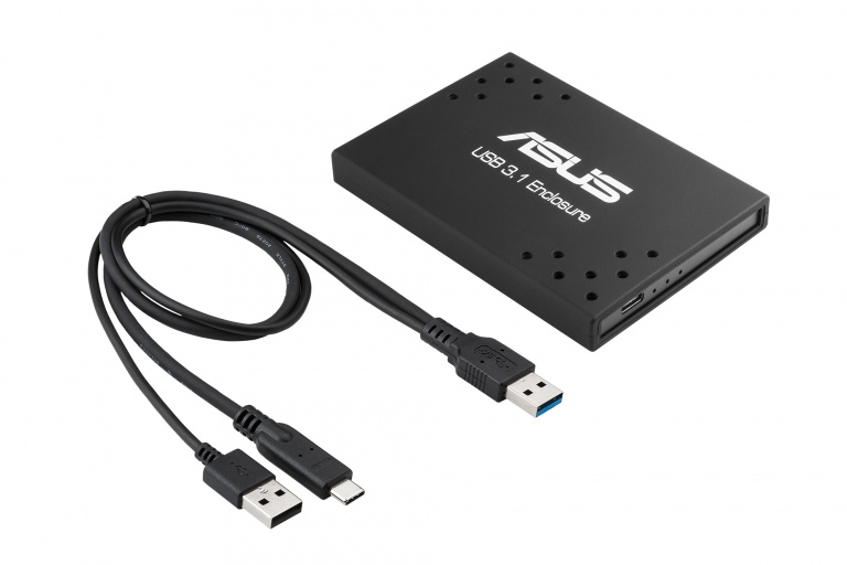Avec son USB 3.1 Enclosure, Asus exploite deux SSD en RAID 0 dans un petit boîtier avec un connecteur Type-C