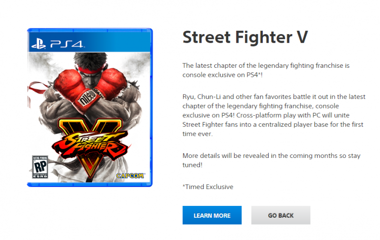 Street Fighter 5 listé comme une exclusivité temporaire par Sony