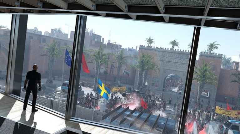 Agent 47 in front of the Swedish Consulate in Marrakesh.