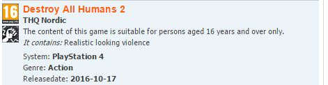 Destroy All Humans 2 listé sur PS4