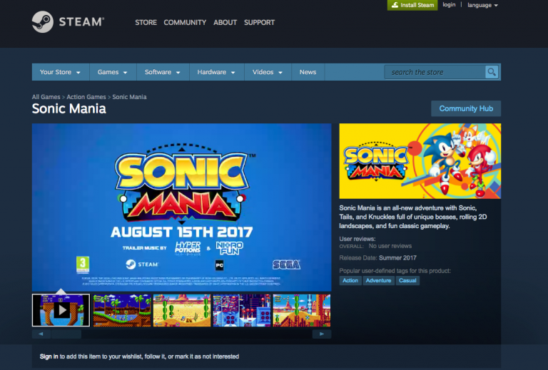 Sonic Mania : Steam dévoile la date de sortie PC par erreur