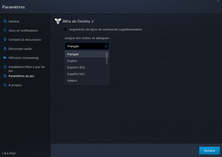 Destiny 2 beta en anglais, comment le passer en français ?