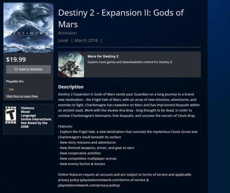 Destiny 2 : La prochaine extension fuite sur le PSN