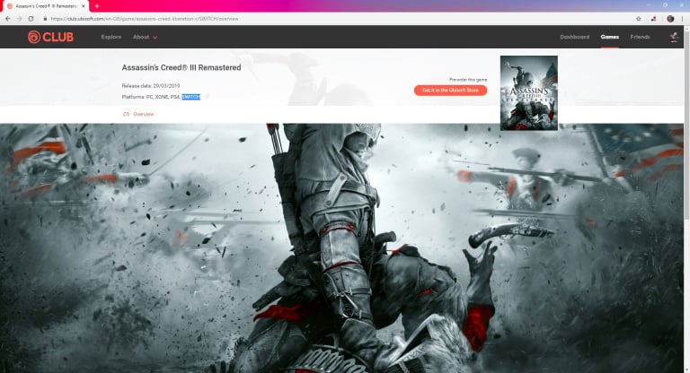 Assassin's Creed III Remastered : une version Switch temporairement affichée sur Ubisoft Club