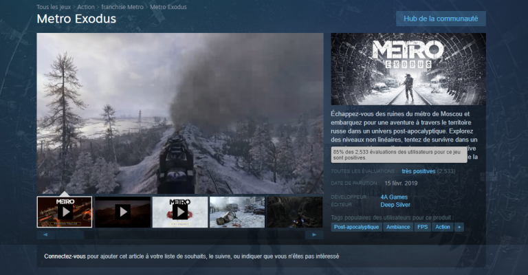 Metro Exodus : Des avis très positifs sur Steam