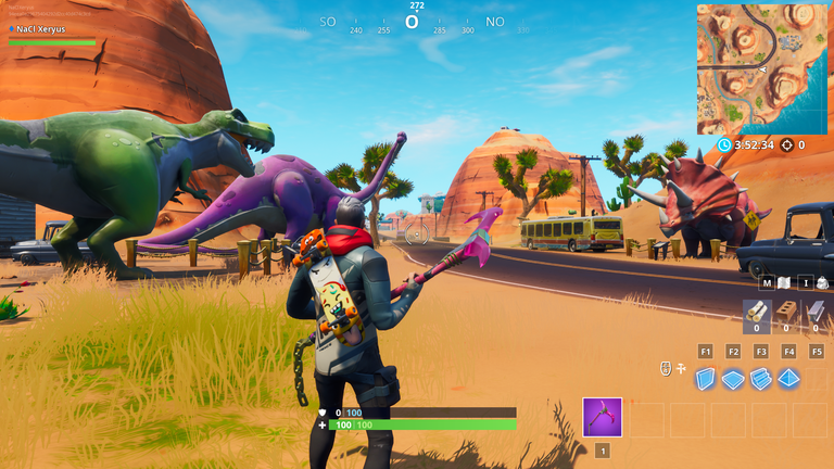 Fortnite, mission Road Trip : Visiter la tête Durr Burger portant la marque du Nomade, un dinosaure et une tête de pierre, le guide