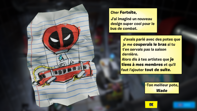 Fortnite, Chapitre 2, saison 2 : trouver la lettre cachée de Deadpool (défis hebdomadaires de Deadpool)