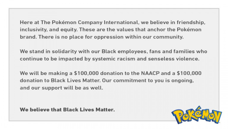 The Pokémon Company fait don de 100 000 dollars au mouvement Black Lives Matter, et 100 000 dollars à la NAACP