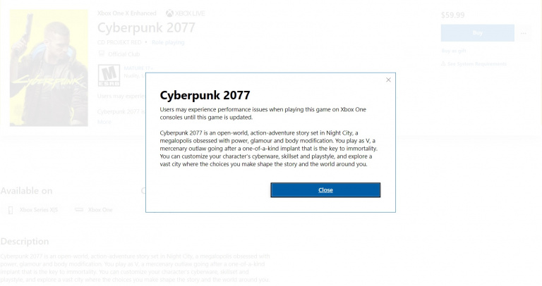 Cyberpunk 2077 : Les pages anglaise et américaine du Microsoft Store affichent un avertissement
