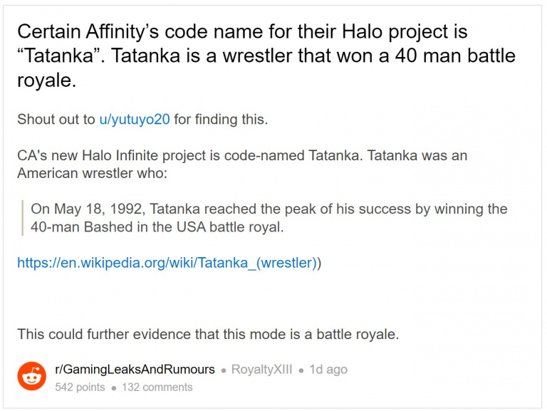 Certain Affinity's code name for their Halo project is “Tatanka”. Tatanka  is a wrestler that one a 40 man BATTLE ROYALE!!! : r/halo