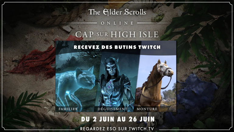 Elder Scrolls Online, High Isle, drops Twitch : une monture, un déguisement, un familiers et des caisses, comment les récupérer ?
