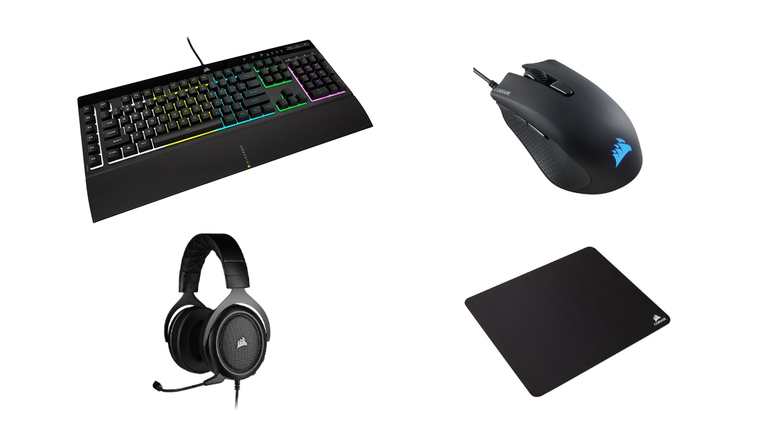 Pack Gaming 4 en 1 Corsair Clavier K55 RGB Pro + Souris Harpoon RGB Pro +  Casque HS50 Pro Stéréo + Tapis de souris MM100