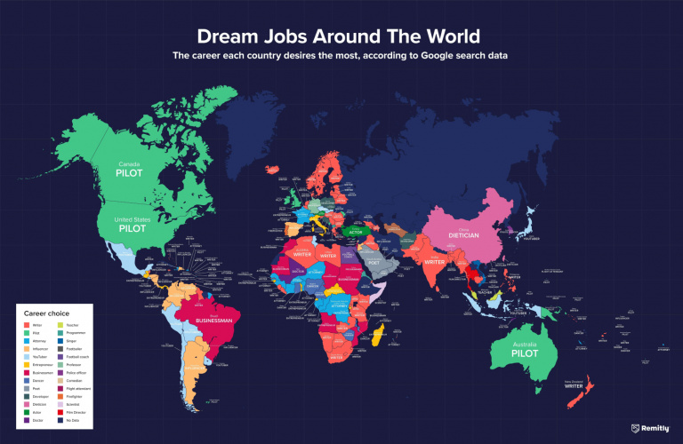 Cette carte montre le métier de rêve des citoyens de chaque pays… les Français sont ambitieux !