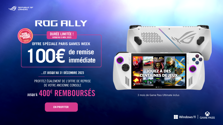 -100€ et une offre de reprise de votre ancienne console ! C'est la promotion folle proposée par Asus pour sa nouvelle console portable ROG Ally à l'occasion de la Paris Games Week