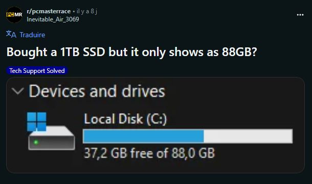 Un joueur achète un nouveau SSD de 1 To pour son PC de jeu, mais ne peut utiliser que 88 Go. La solution est pourtant simple