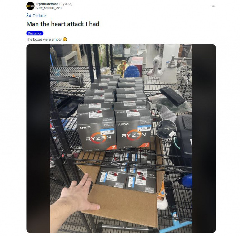 A second-hand dealer finds a stack of AMD processors for 7 euros each.  When he opens the box, he cannot contain his disappointment