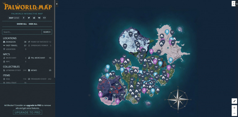 Carte interactive Palworld : Donjons, Boss, Coffres... Cette carte vous aidera à explorer le monde des Pals !