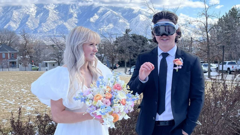 La tête de cette jeune mariée lorsqu'elle découvre que son mari porte l'Apple Vision Pro pour le plus beau jour de sa vie est à mourir de rire