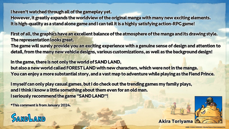 „Ich kann es auf jeden Fall empfehlen.“ Dies ist eines der neuesten Videospielprojekte von Akira Toriyama. Er hinterließ ein letztes Wort für die Fans seiner Werke