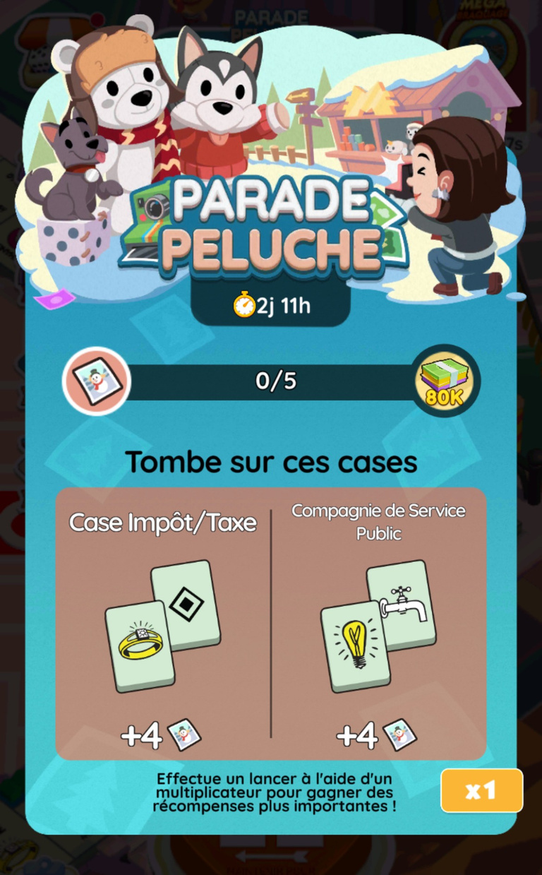 18 855 dés et 2 980 points d'événement à récupérer gratuitement sur Monopoly GO! via l'événement "Parade peluche"