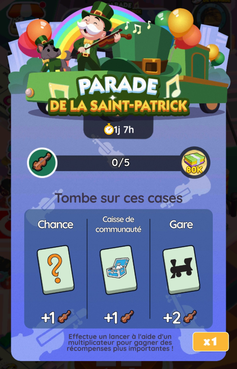 20 000 dés et 581 jetons Peg-E gratuits à récupérer sur Monopoly GO! via l'événement "Parade de la Saint Patrick" 20 000 dés et 581 jetons Peg-E gratuits à récupérer sur Monopoly GO! via l'événement "Parade de la Saint Patrick"