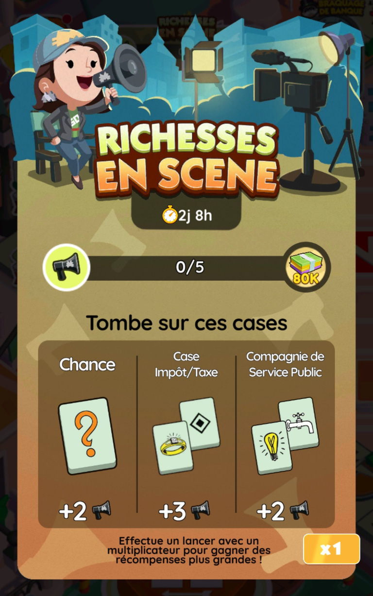 17 610 dés et 725  points Sticker drop à récupérer gratuitement sur Monopoly GO! via l'événement "Richesses en scène"