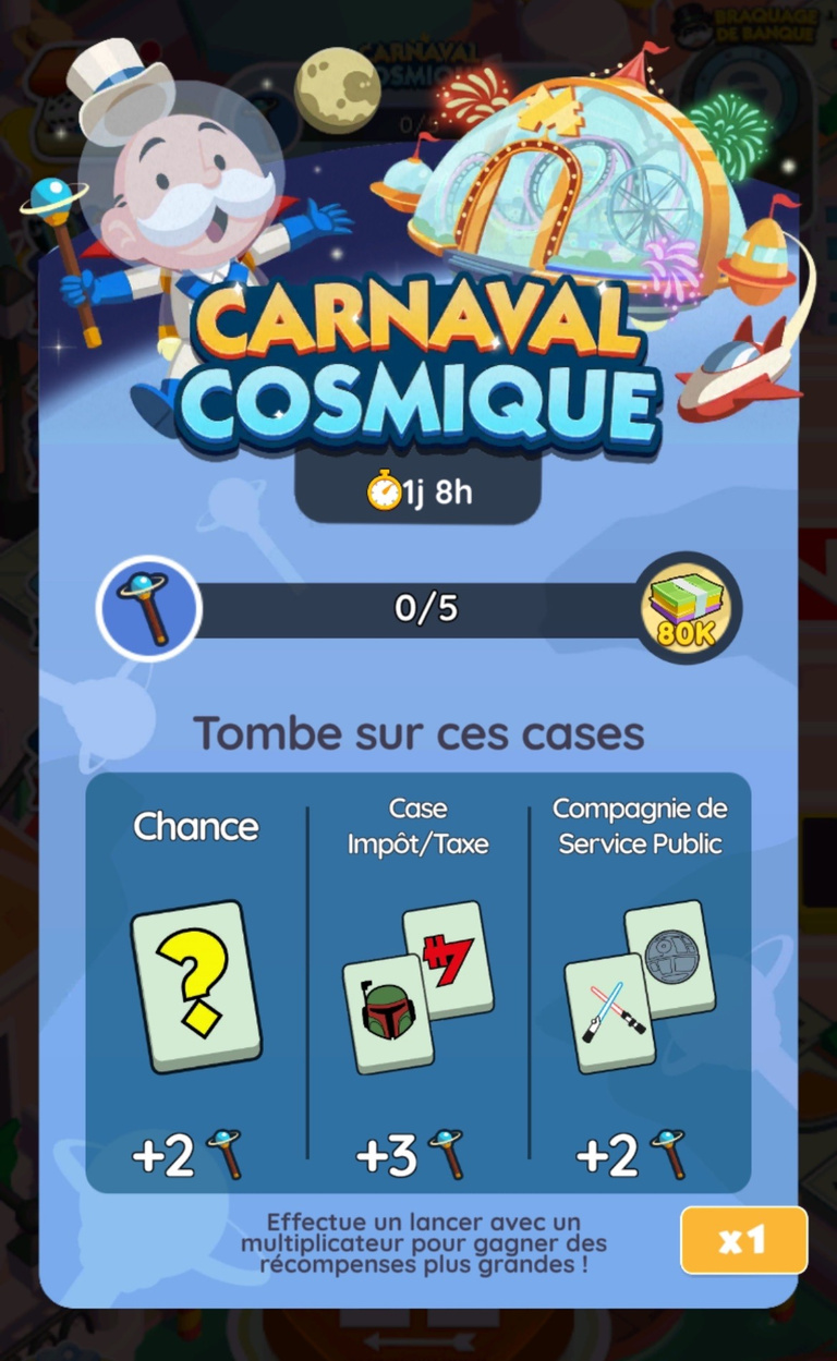 20 270 dés et 581 jetons Peg-E gratuits sur Monopoly GO! x Star Wars via l'événement "Carnaval cosmique" 20 270 dés et 581 jetons Peg-E gratuits sur Monopoly GO! x Star Wars via l'événement "Carnaval cosmique"