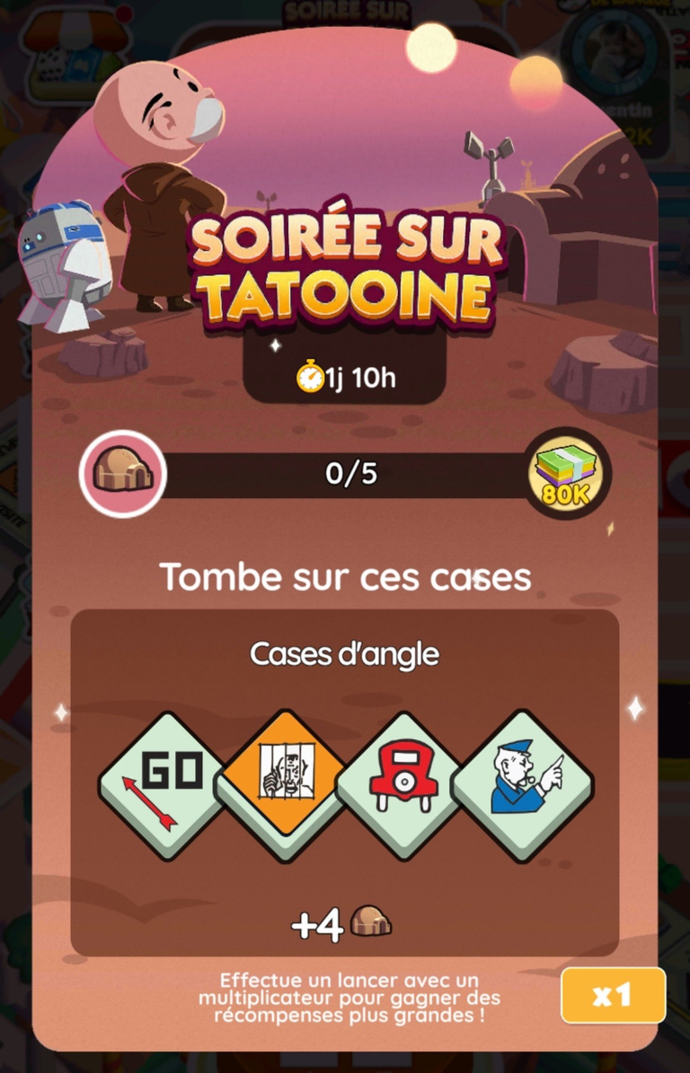 18 205 dés et 147 pioches à récupérer gratuitement sur Monopoly GO! x Star Wars via l'événement "Soirée sur Tatooine" 18 205 dés et 147 pioches à récupérer gratuitement sur Monopoly GO! x Star Wars via l'événement "Soirée sur Tatooine"