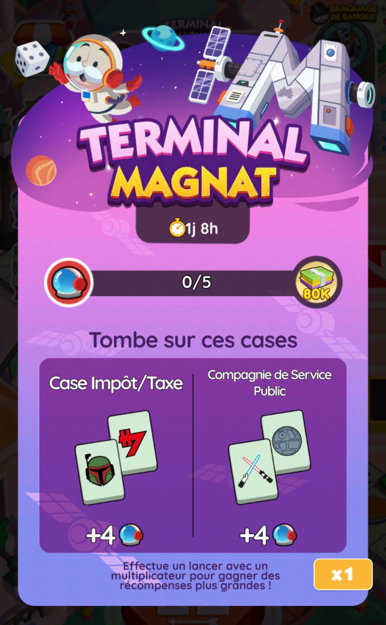 18 205 dés et 211 points triage jonglage à récupérer gratuitement sur Monopoly GO! x Star Wars via l'événement "Terminal Magnat" 18 205 dés et 211 points triage jonglage à récupérer gratuitement sur Monopoly GO! x Star Wars via l'événement "Terminal Magnat"