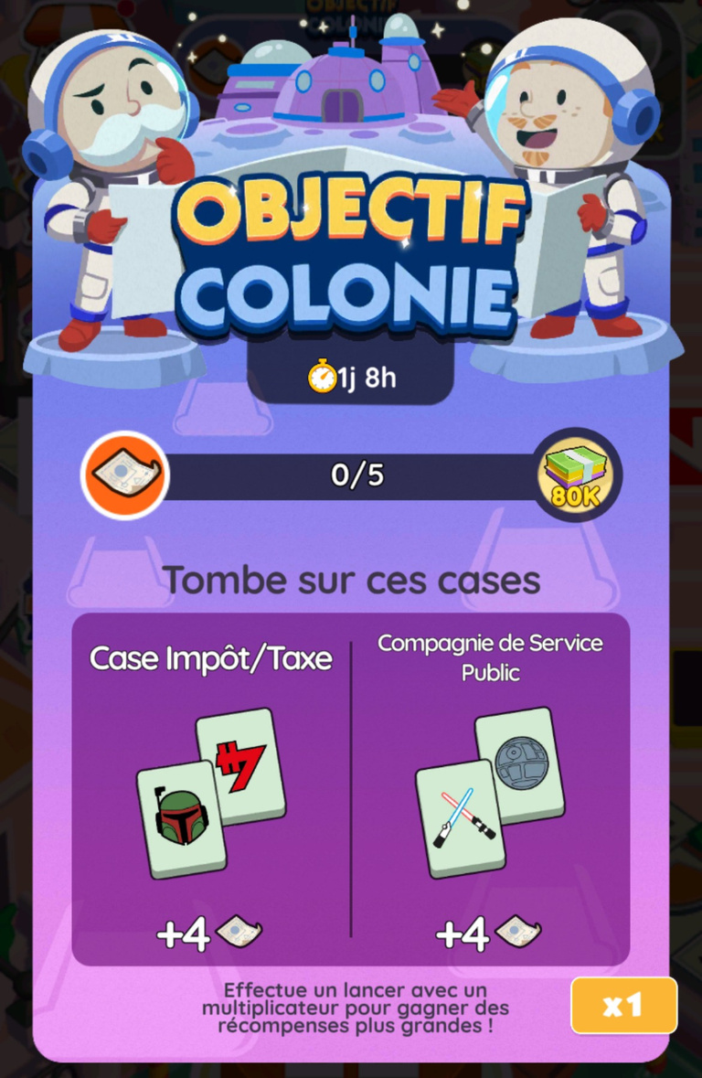 18 205 dés et 820 jetons Peg-E gratuits à récupérer sur Monopoly GO! x Star Wars via l'événement "Objectif colonie" 18 205 dés et 820 jetons Peg-E gratuits à récupérer sur Monopoly GO! x Star Wars via l'événement "Objectif colonie"
