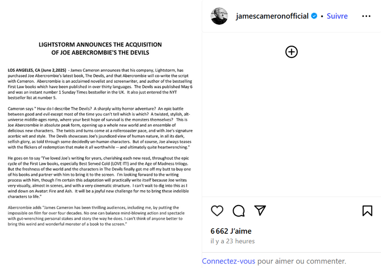 "J'ai hâte" James Cameron va faire une pause après Avatar 3 : il va adapter ce roman culte au cinéma "J'ai hâte" James Cameron va faire une pause après Avatar 3 : il va adapter ce roman culte au cinéma