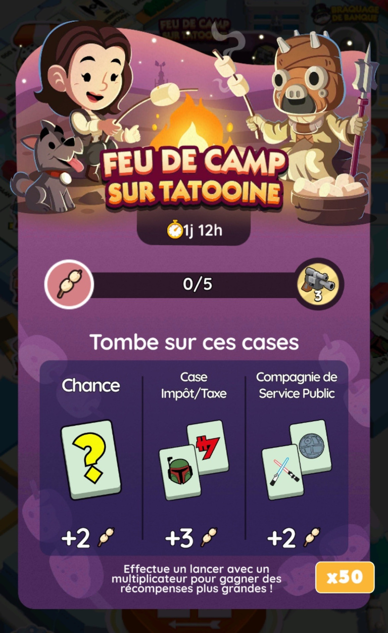 18 205 dés et 199 pioches gratuits à récupérer sur Monopoly GO! x Star Wars via l'événement "Feu de camp sur Tatooine" 18 205 dés et 199 pioches gratuits à récupérer sur Monopoly GO! x Star Wars via l'événement "Feu de camp sur Tatooine"