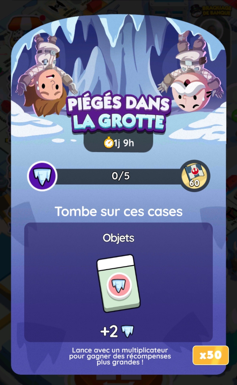 18 205 dés et 2 630 drapeaux gratuits à récupérer sur Monopoly GO! x Star Wars via l'événement "Piégés dans la grotte" 18 205 dés et 2 630 drapeaux gratuits à récupérer sur Monopoly GO! x Star Wars via l'événement "Piégés dans la grotte"