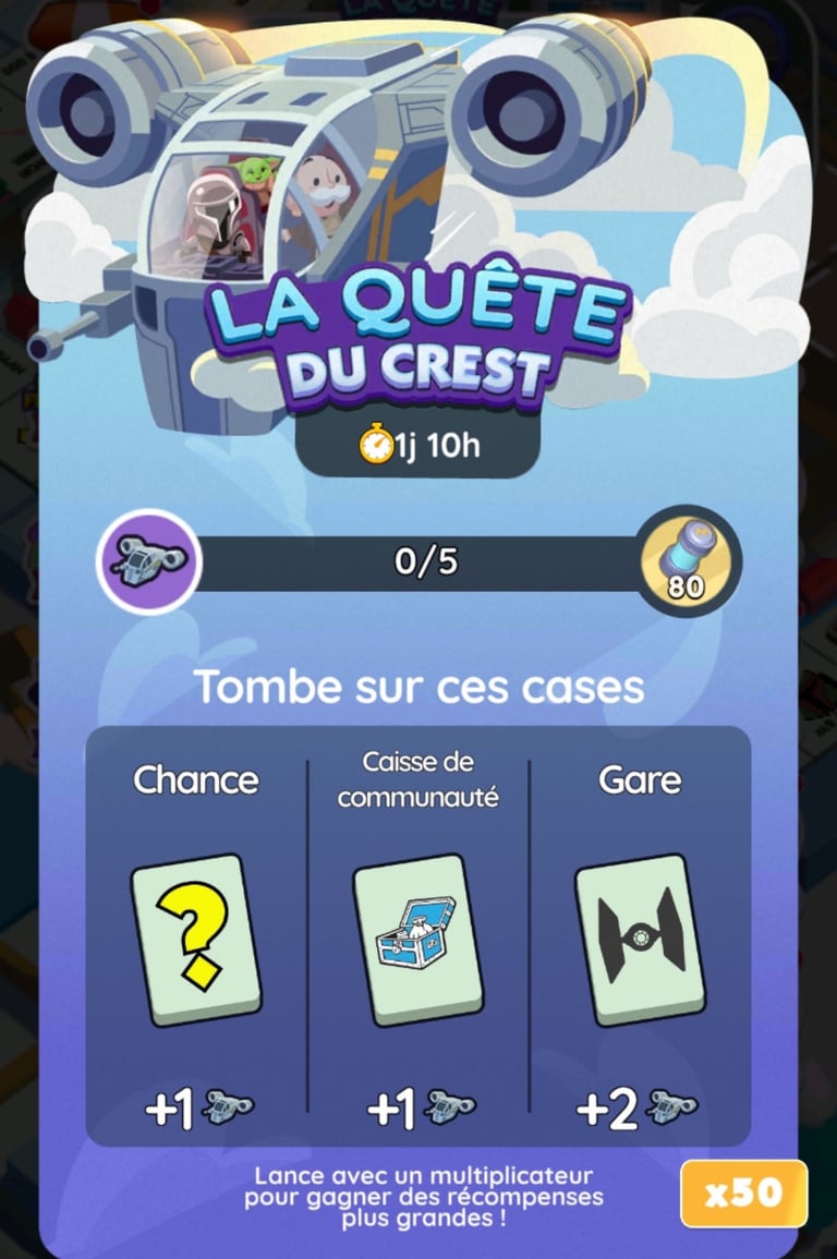 17 465 dés et 3 780 points d'événement gratuits à récupérer sur Monopoly GO! x Star Wars via l'événement "La quête du Crest"