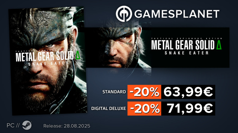 Précommandez METAL GEAR SOLID Δ: SNAKE EATER et incarnez Naked Snake dès sa sortie, en promotion chez Gamesplanet Précommandez METAL GEAR SOLID Δ: SNAKE EATER et incarnez Naked Snake dès sa sortie, en promotion chez Gamesplanet