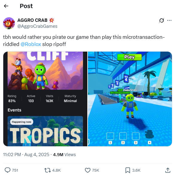 Il préfère que les joueurs piratent leur jeu vidéo plutôt qu'ils jouent à une contrefaçon sur Roblox… Il préfère que les joueurs piratent leur jeu vidéo plutôt qu'ils jouent à une contrefaçon sur Roblox…