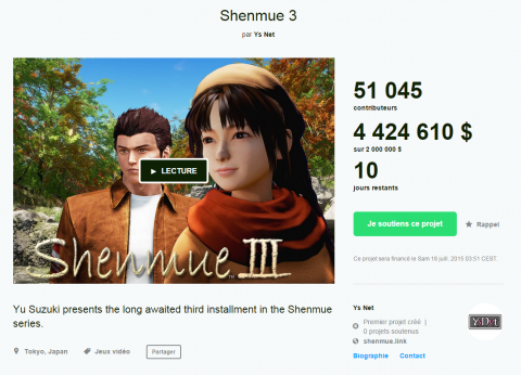 Shenmue 3 devient la 10ème plus grosse campagne Kickstarter