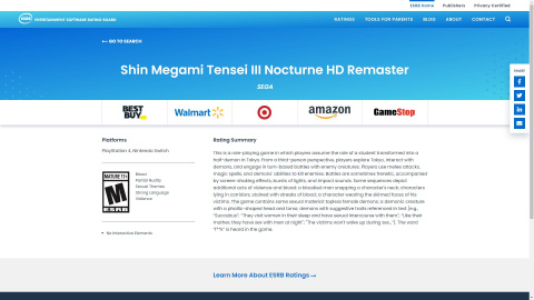 Shin Megami Tensei 3 Nocturne HD Remaster  a été classifié par l'ESRB