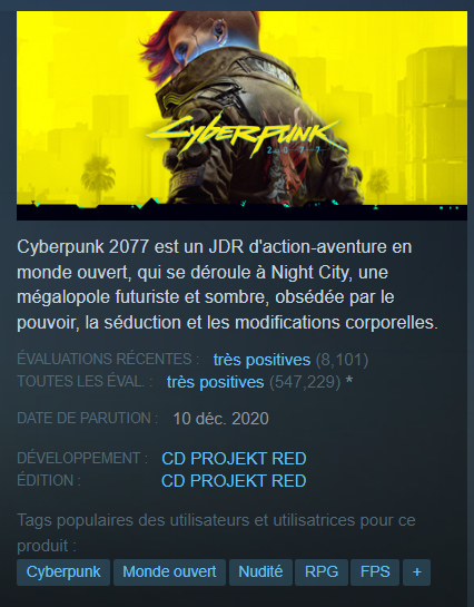 Trois ans après sa sortie et des tonnes des mises à jour, Cyberpunk 2077 a enfin des notes positives sur Steam