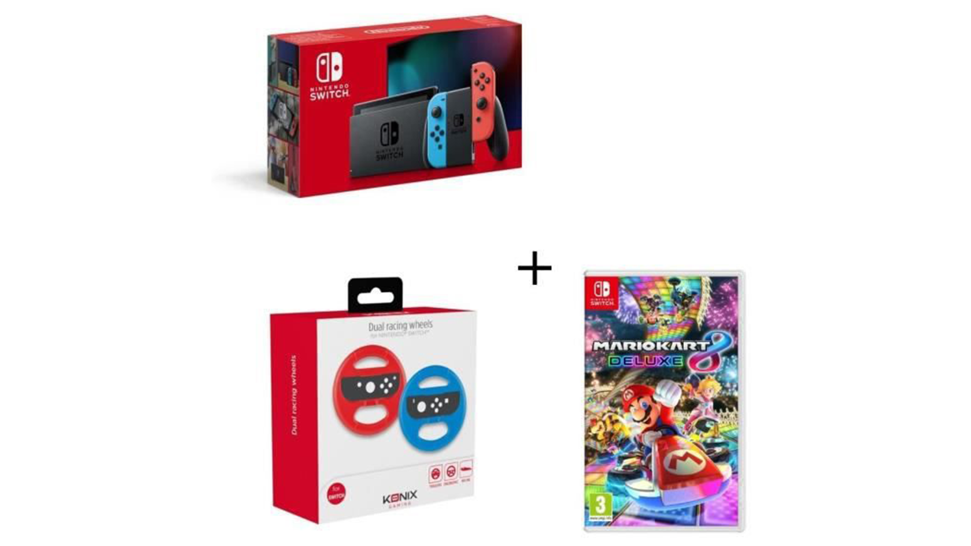 Nintendo Switch special pack with console, Mario Kart 8 + 2 Konix Switch steering wheels